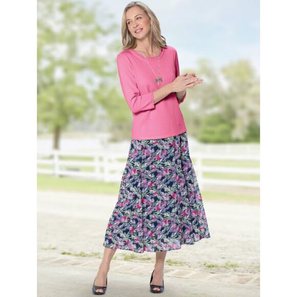 APPLESEED'S Colorful Floral Sz XL or 3X Elastic Waist Lined Flowy Midi Skirt NEW - Picture 1 of 2